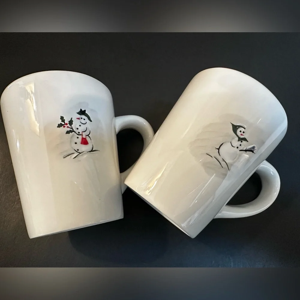 Williams Sonoma Set Of 2 Snowman Christmas Mugs 2003 Vintage Holiday Winter